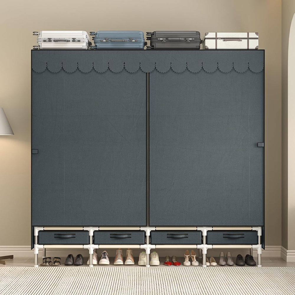 Large Portable Wardrobe with 4 Hanging Rods and Drawers, Armoire, Metal Stora...