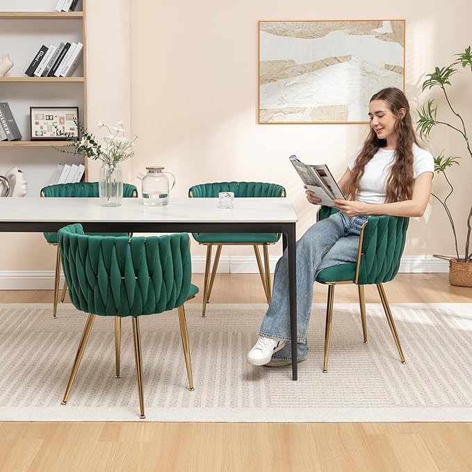 Kiztir Green Velvet Dining Chairs Set of 4 Upholstered Modern Dining Room Chairs with Woven Back and Gold Metal Legs for Living Room, Bedroom, Kitchen