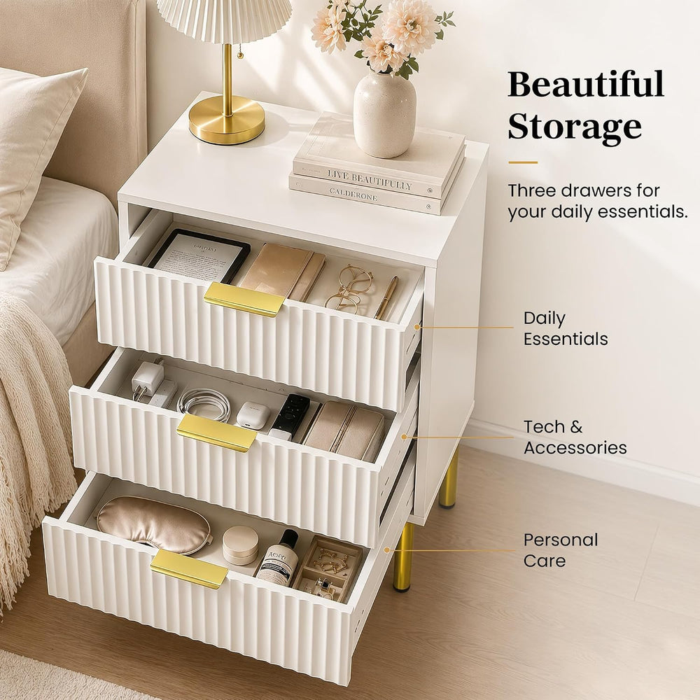 White and Gold 3-Piece Fluted Dresser and Nightstand Set for Bedroom