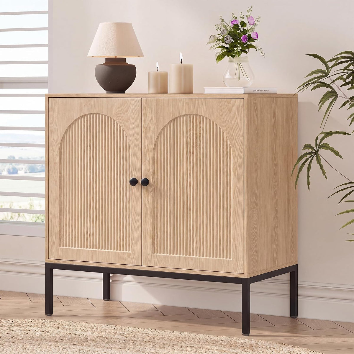 Yechen Modern Fluted Sideboard Buffet Cabinet with Storage, Natural Oak