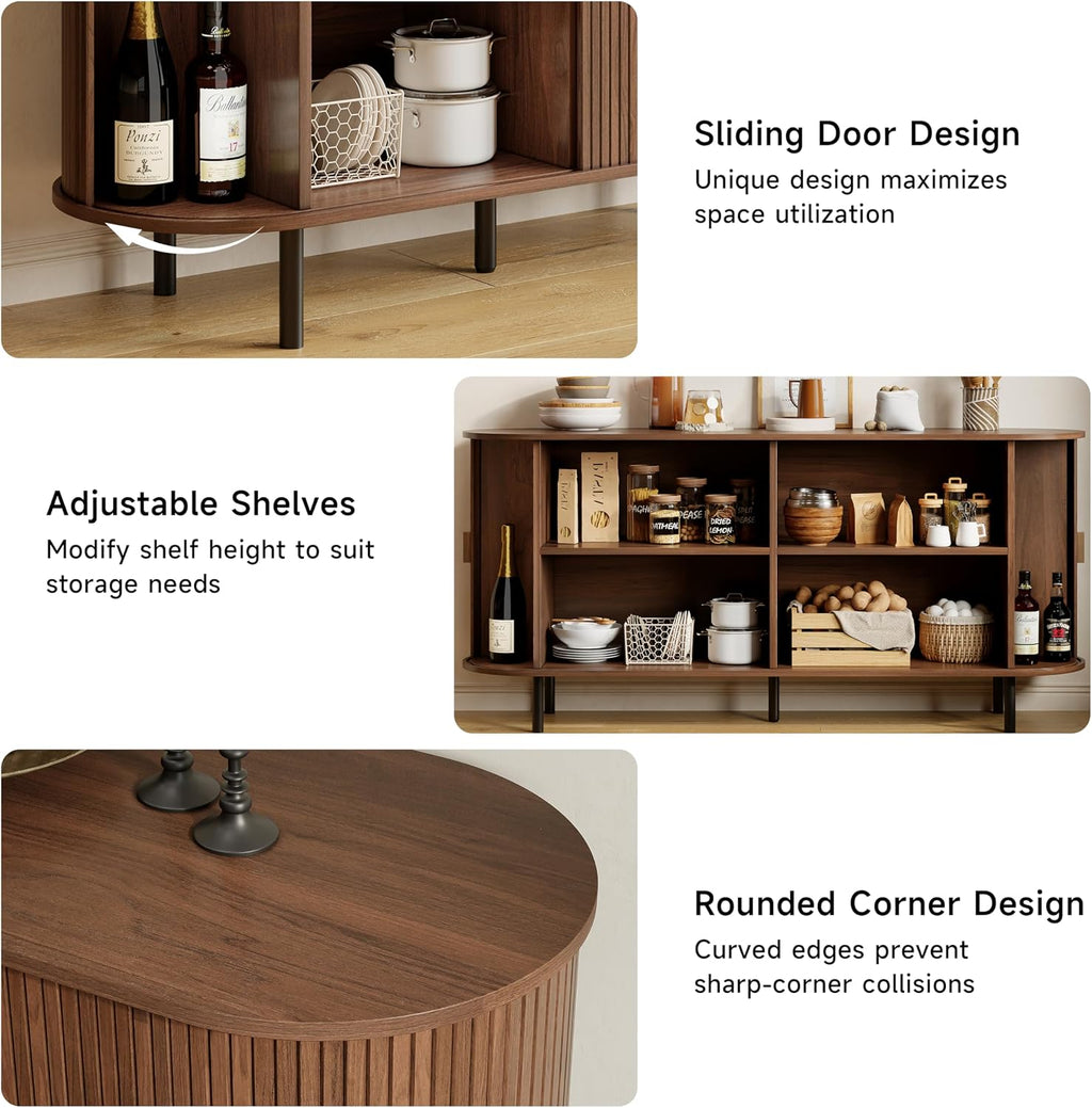 ComfyCorner 63" Fluted Buffet Sideboard Cabinet with Sliding Door, Walnut