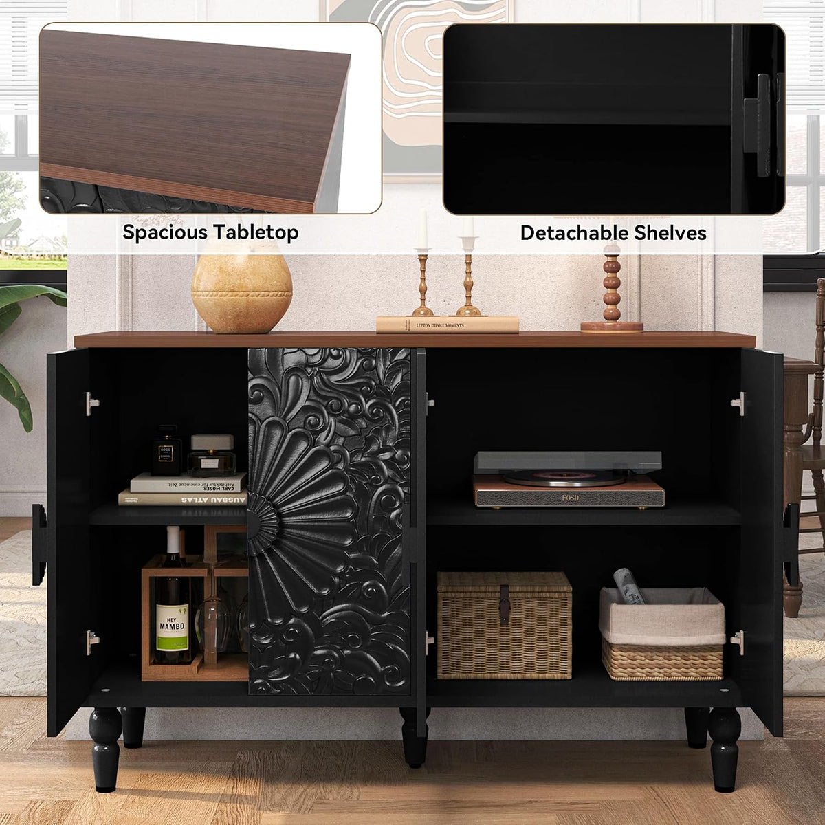 Sideboard Buffet Cabinet with 4 Carved Flower Doors, Black