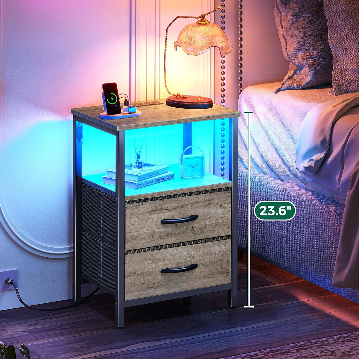 Huuger Night Stand with Charger Station and LED Lights, 2 Drawer Nightstand, Bed Side Table with Open Shelf, End Table, Fabric Drawers for Bedroom, Oak