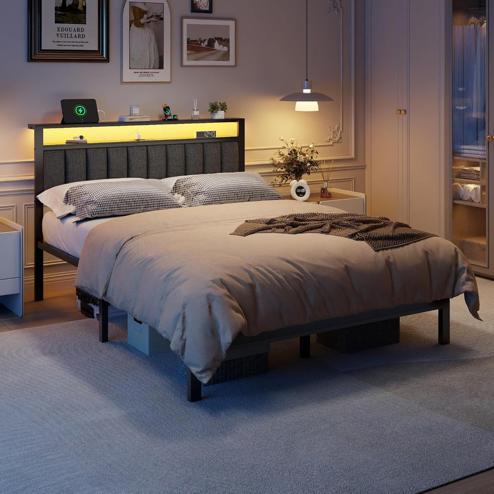 Furnulem Queen Size Bed Frame with Charging Station and LED Lights