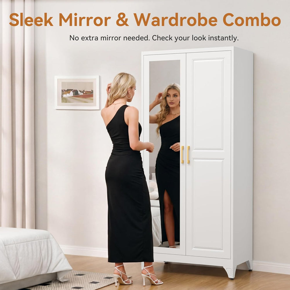Polup Metal Armoire Wardrobe Closet with Mirror, 71" Tall White Cabinet