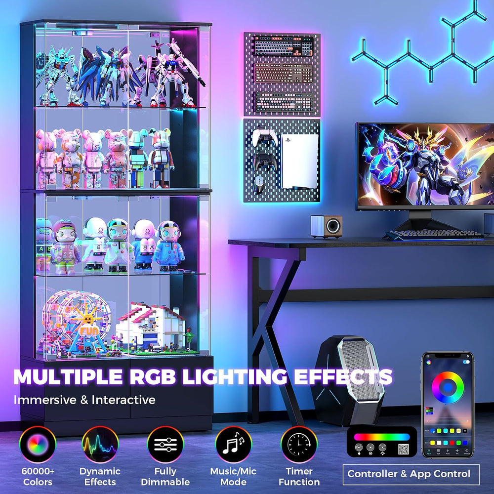 VersionTECH. RGB Display Cabinet with Glass Doors, 4-Tier Curio Cabinet
