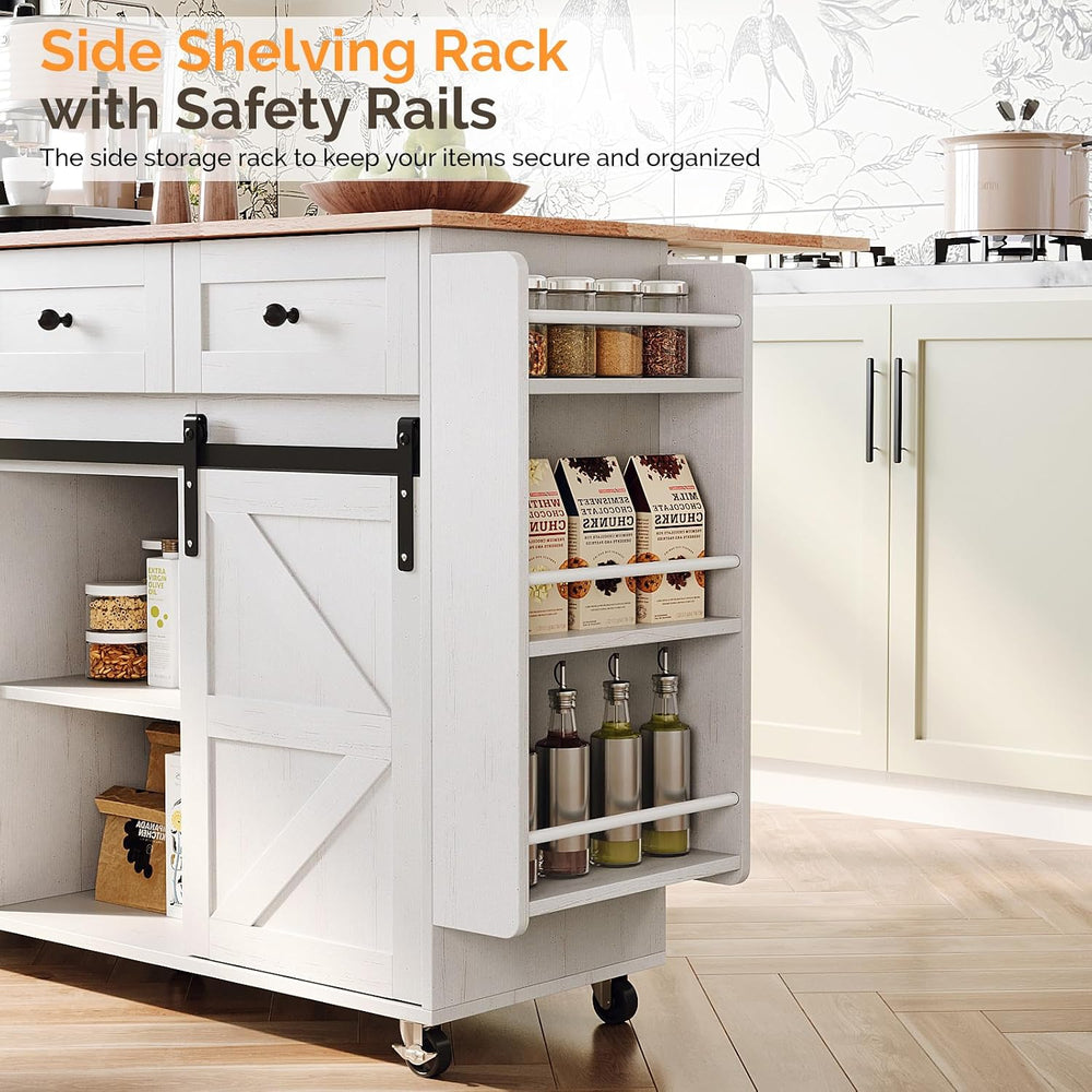 VINGLI 52" W Rolling Kitchen Island with Storage, Sliding Doors, White