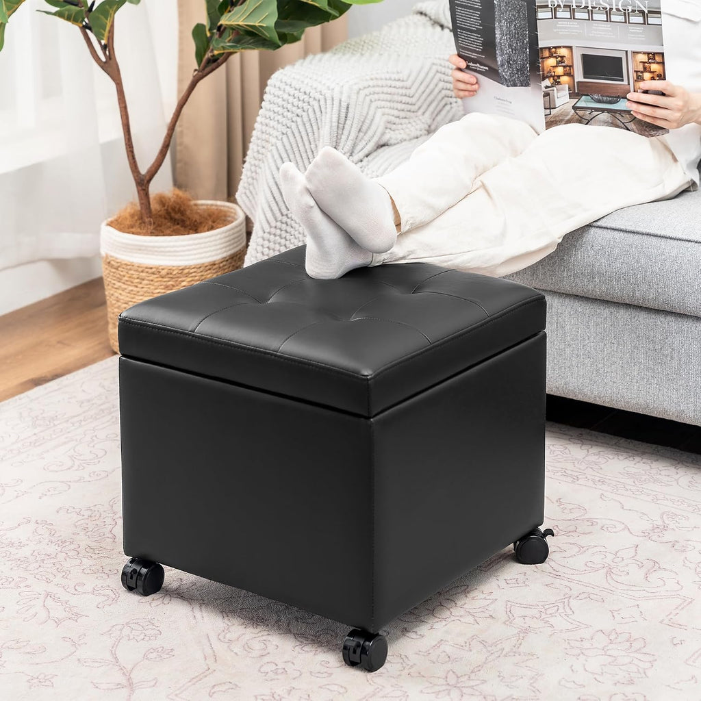 Adeco 17" Storage Ottoman Modern Tufted Faux Leather with Wheels, Black