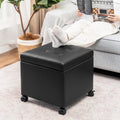 Adeco 17" Storage Ottoman Modern Tufted Faux Leather with Wheels, Black
