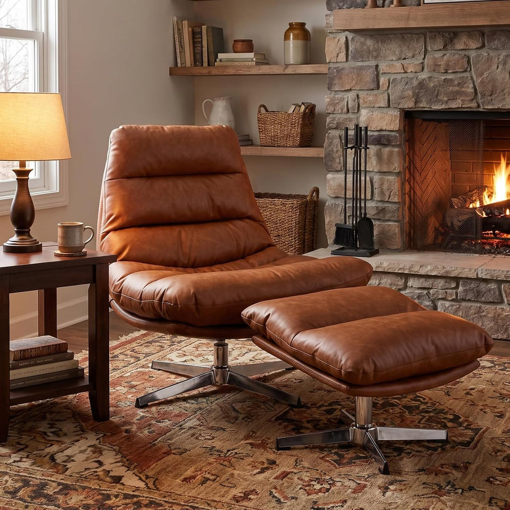 BESTANO Swivel Accent Chair with Ottoman, Mid Century Modern Faux Leather Lou...