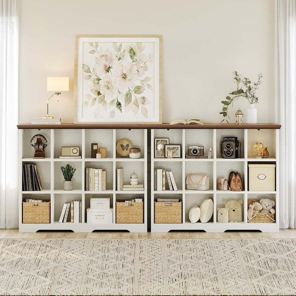 OffiGo 12 Cube Organizer Bookcase, Cube Shelf with Storage, Walnut + White