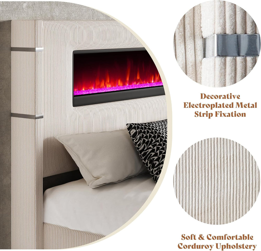 AMERLIFE King Bed Frame with Fireplace, Upholstered Headboard, Cream