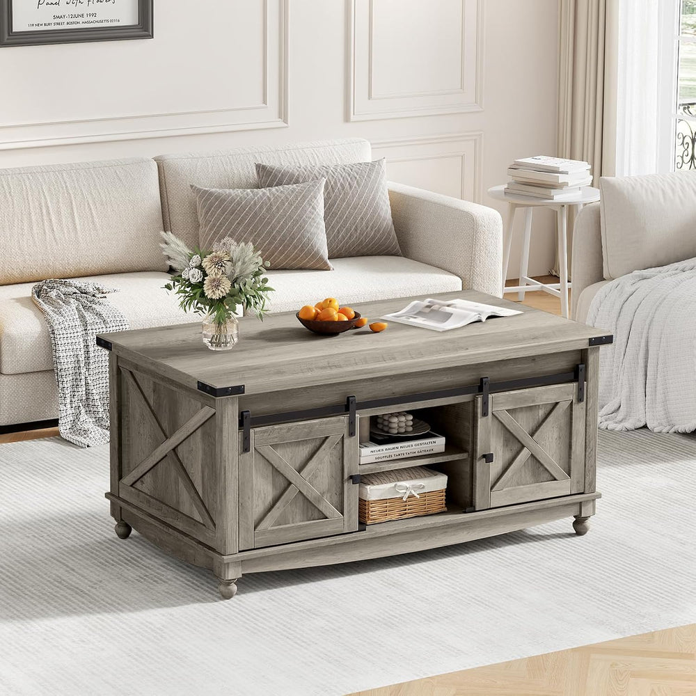 ALLSTAND 48" Farmhouse Lift Top Coffee Table with Storage Sliding Barn D...