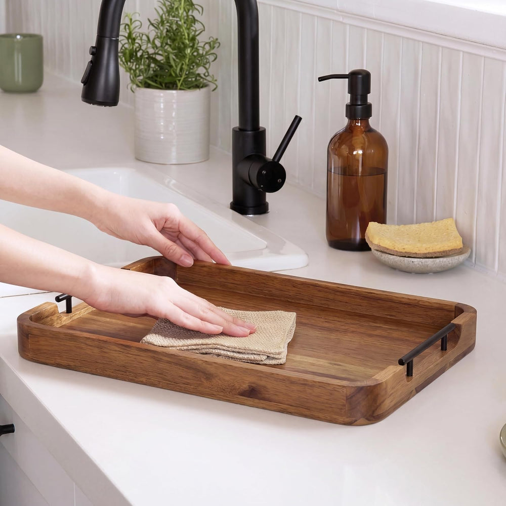 ZUJJAFY Serving Tray with Metal Handles, 17 x 13 in Acacia Wood Tray for Serv...