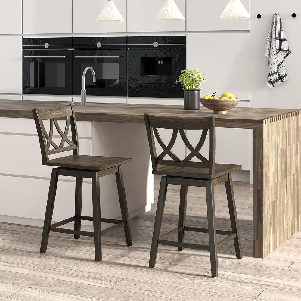 GIANTEX 24" Bar Stools Set of 2, Swivel Wooden Bar Chairs with Rubber Wo...