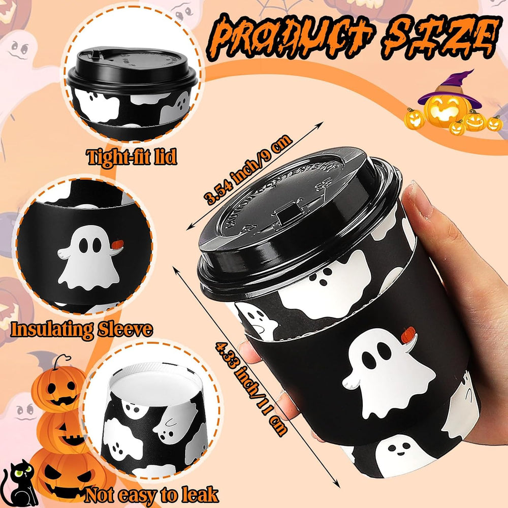 Suclain 100 Sets Halloween Disposable Coffee Cups with Lids & Sleeves, 12...