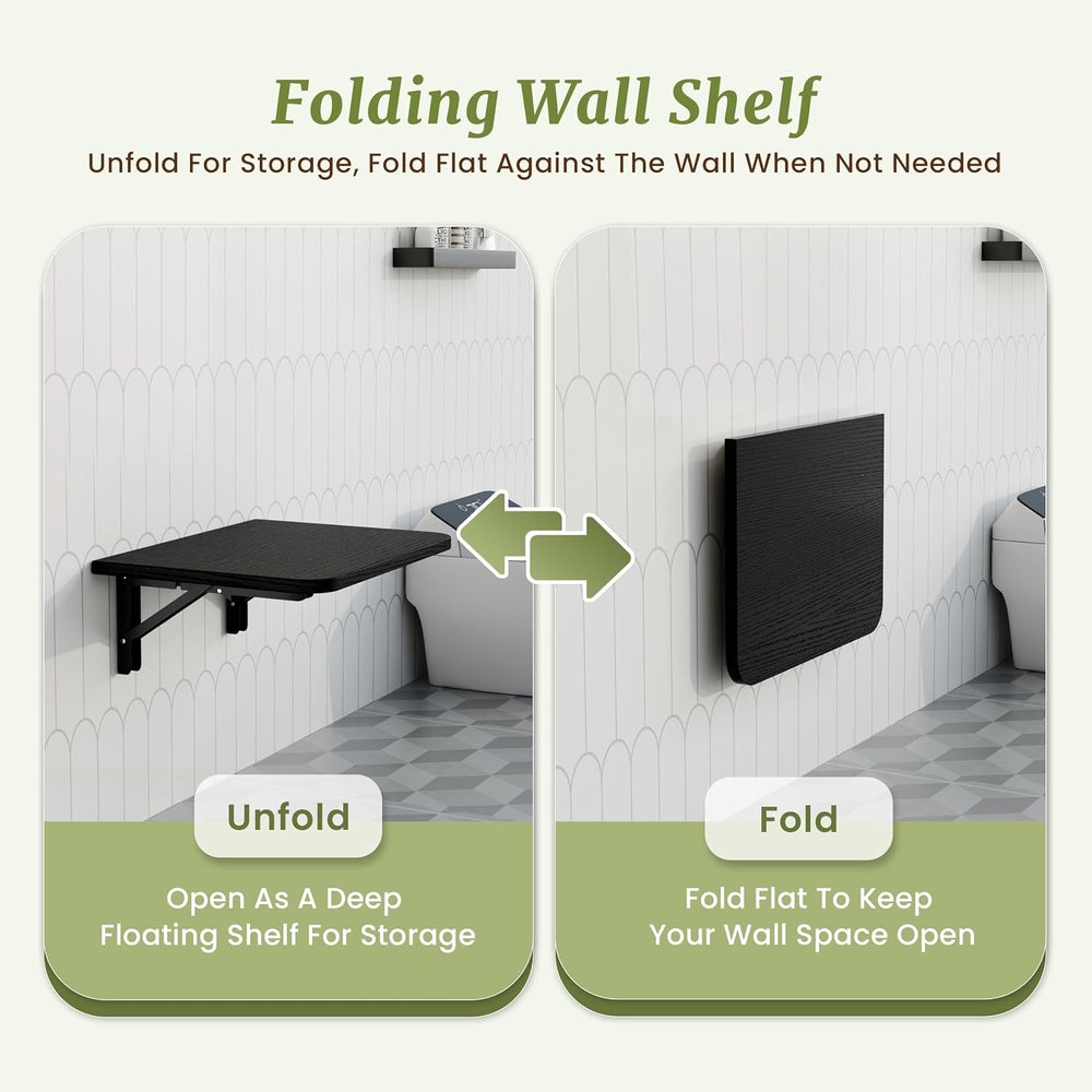 IAE 16 Inch Fold Black Floating Wall Shelves,12 Inch Deep Wood Wall Shelf