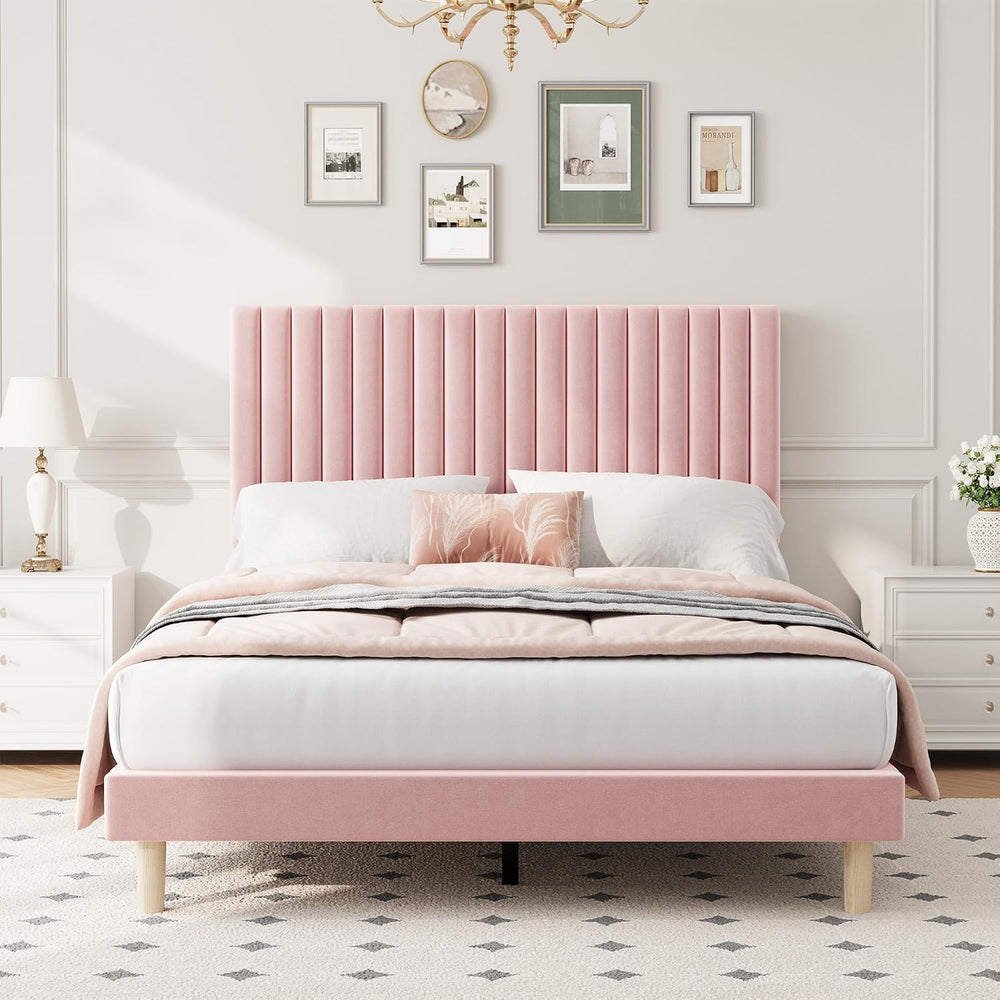 Full Bed Frame with Adjustable Headboard, Velvet Upholstered Platform Bed