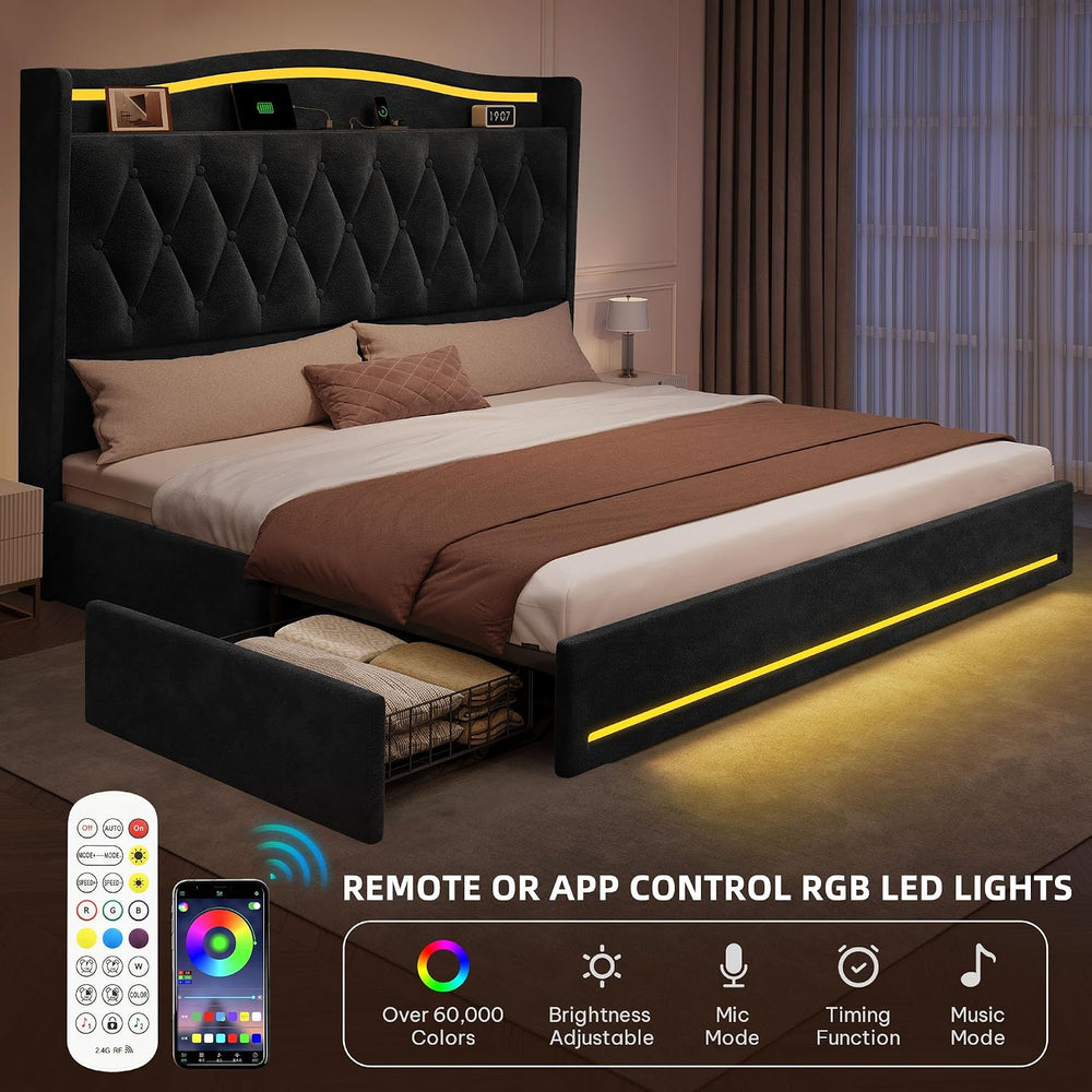 DWVO King Size Bed Frame with 4 Storage Drawers and RGB LED Lights