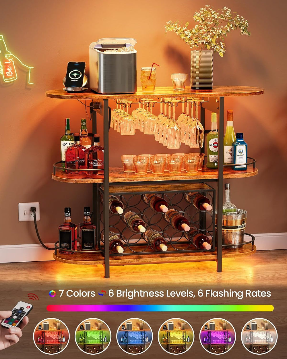 VASAGLE Bar Cabinet with LED Lights and Power Outlets, Wine Rack Coffee Bar