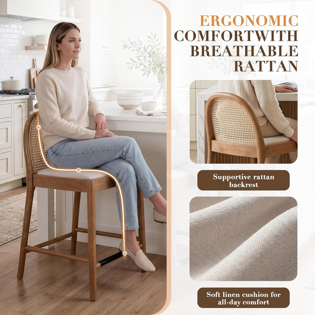 DUOMAY Modern Counter Stools Set of 4, 26 Inch Seat Height Counter Height Barstools Wooden Linen Upholstered Bar Stools with Oval Rattan Backrest Armless Kitchen Island Stool Chair, Beige