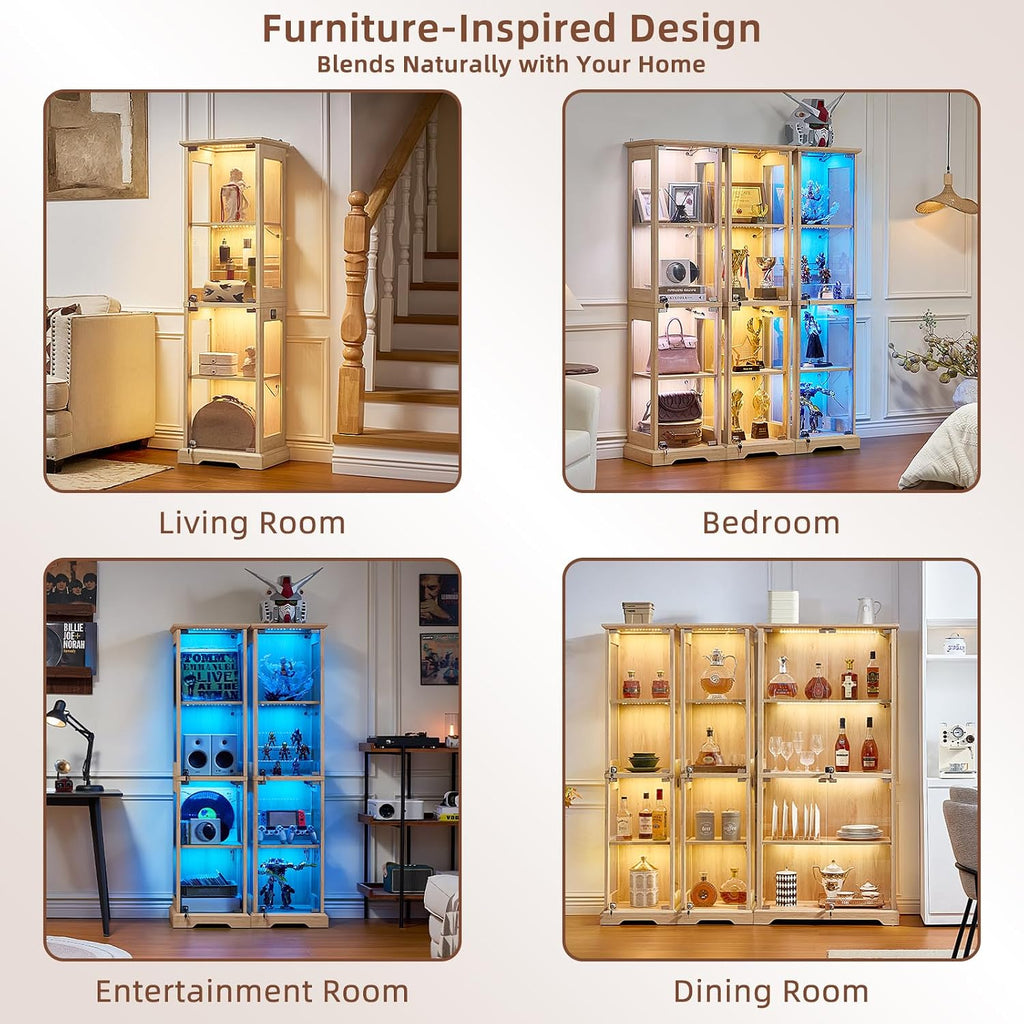 LELELINKY Farmhouse Narrow Glass Display Cabinet with Doors & Lock, Natural