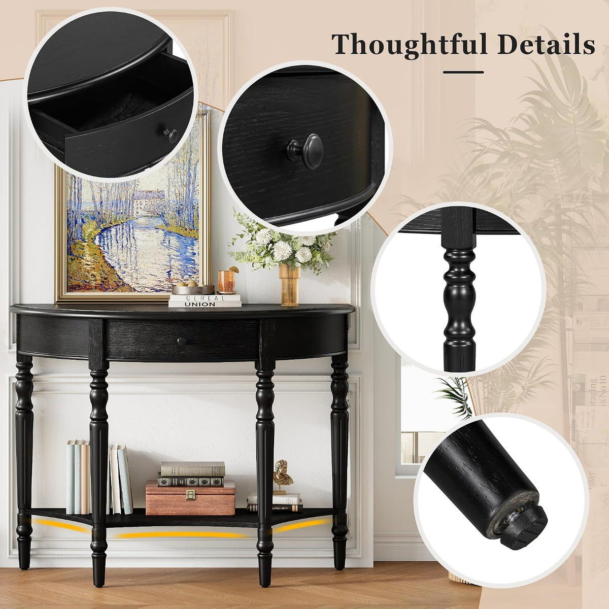 LUMISOL Half Moon Entryway Table with Drawer & Shelf, Black | Rustic Console Table for Entryway, Sofa Table Behind Couch, Farmhouse Accent Table