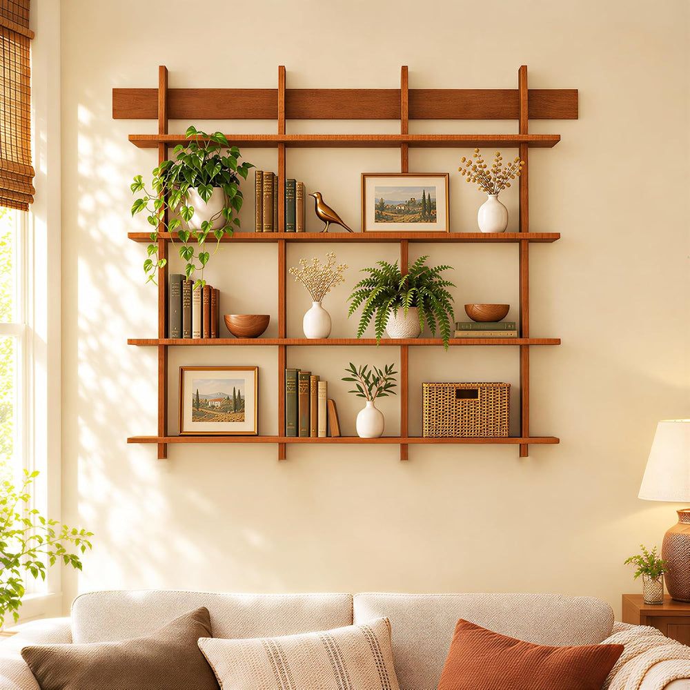 Lauxery 4-Tier Bamboo Wall Mounted Bookshelf, Rustic Brown, 43.3x45.7 in
