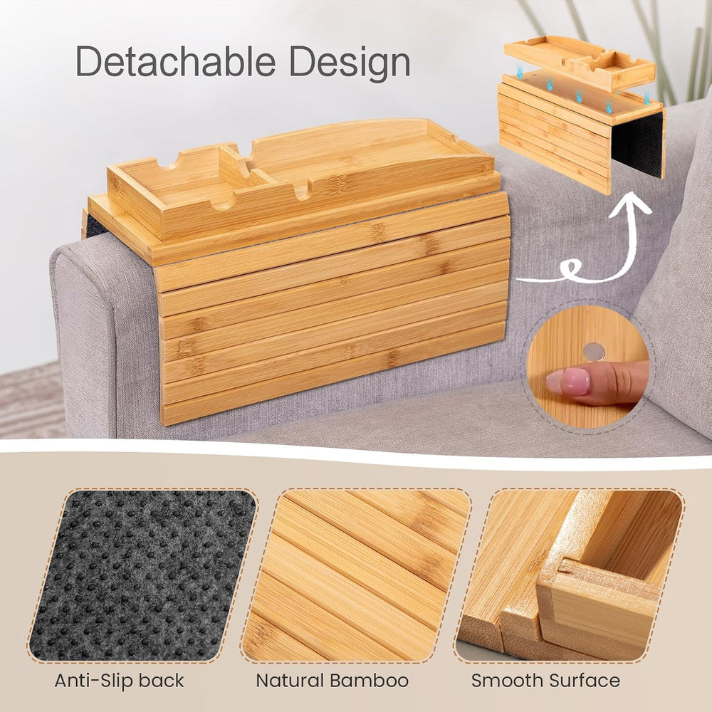 Bamboo Couch Arm Tray Table | 2-in-1 Detachable Sofa Tray with Slidable Cup H...