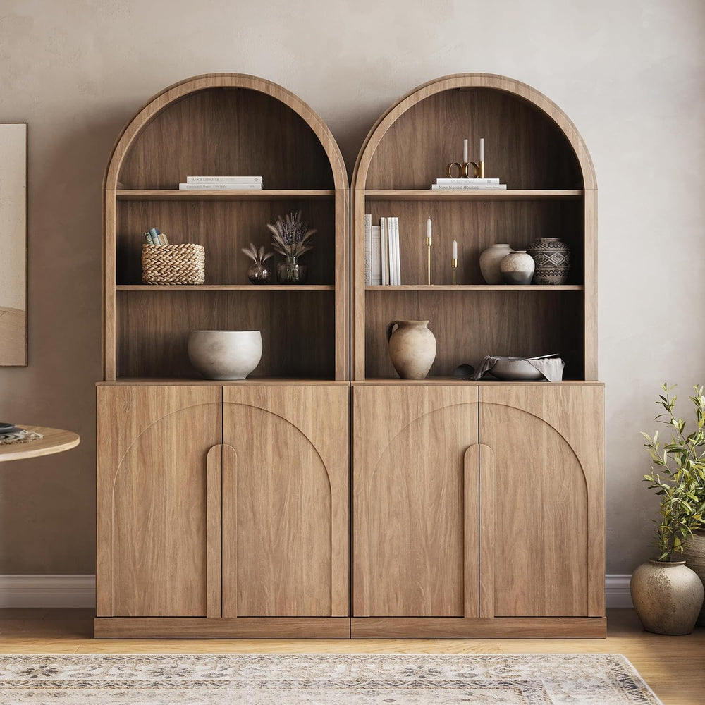 BELLEZE Set of 2 71"Tall Storage Cabinet with Arched Hutch, Wooden Sideb...