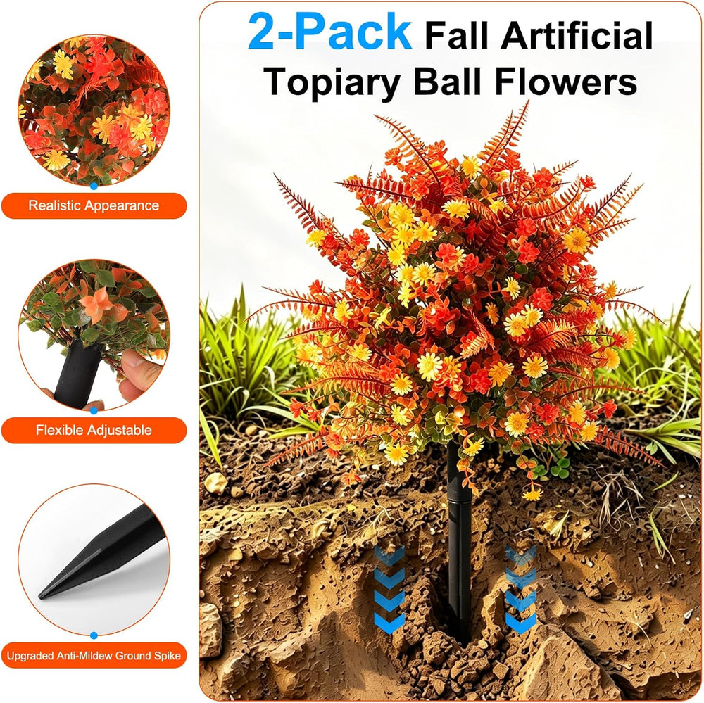 2 PCKS 24" Fall Topiary Ball Flowers with Spike, Artificial Plant for Patio