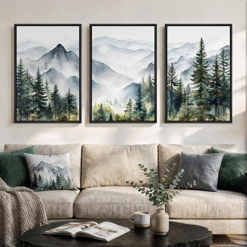 Framed Landscape Wall Art Bedroom, Mountain Forest Canvas Print, 16x24 Inch