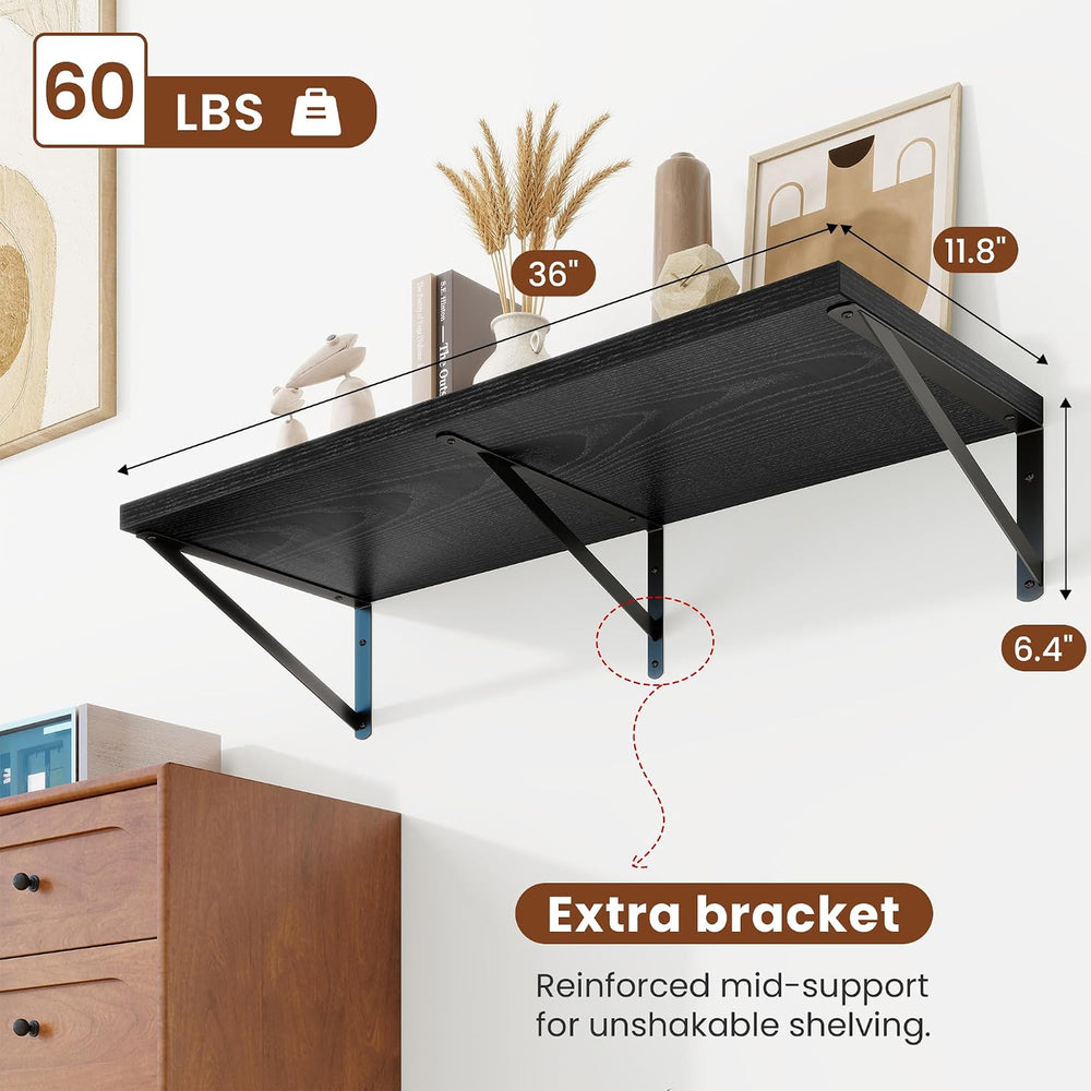 12" Deep Wall Shelves with Metal Brackets, 36" Wide, Black Finish, ...