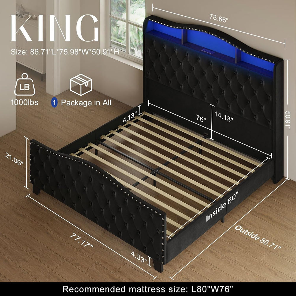 Belffin Platform Bed Frame with 50.9" LED Headboard, King Black
