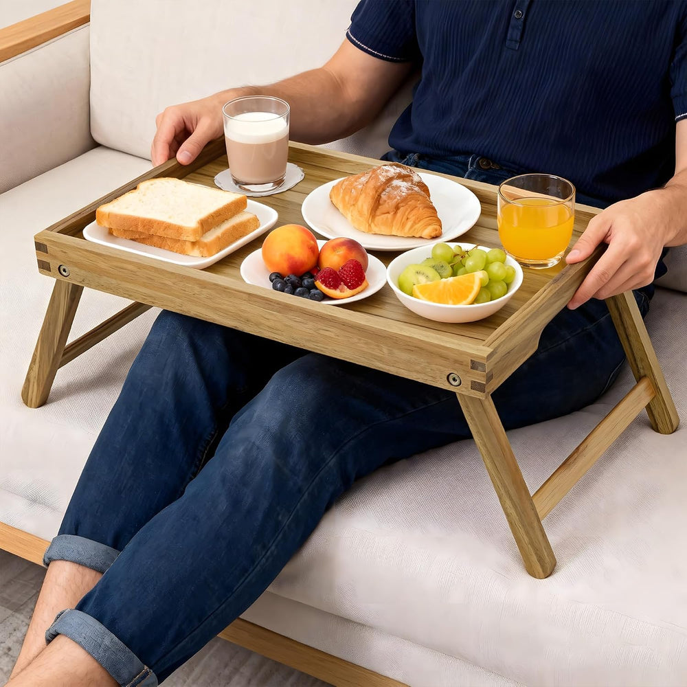VaeFae Acacia Bed Tray Table with Folding Legs, Large