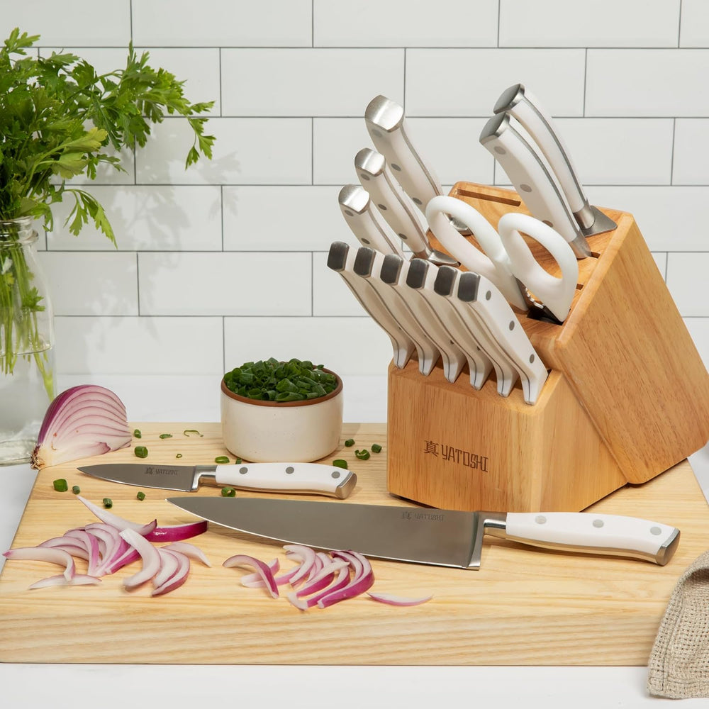 Yatoshi 15 Piece White Knife Block Set - Pro Kitchen Knife Set Ultra Sharp Hi...