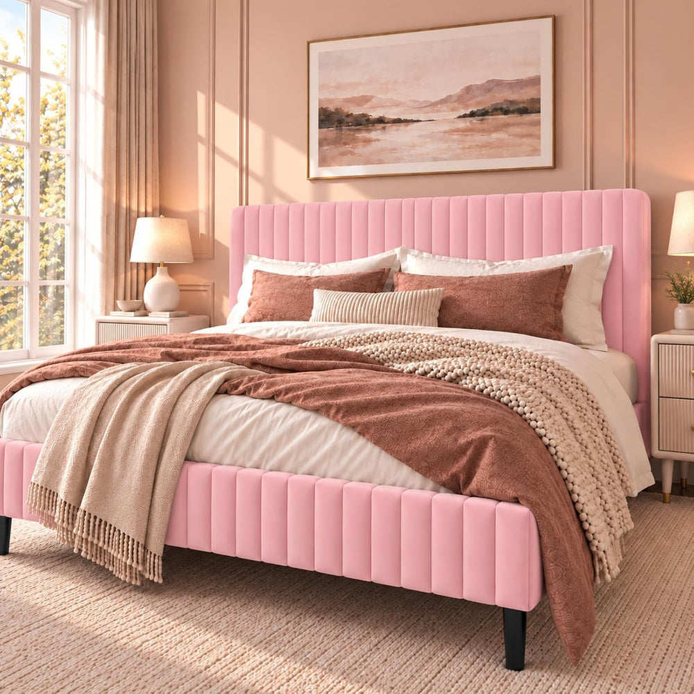 BarnFurin King Upholstered Bed Frame, Adjustable Headboard, Pink