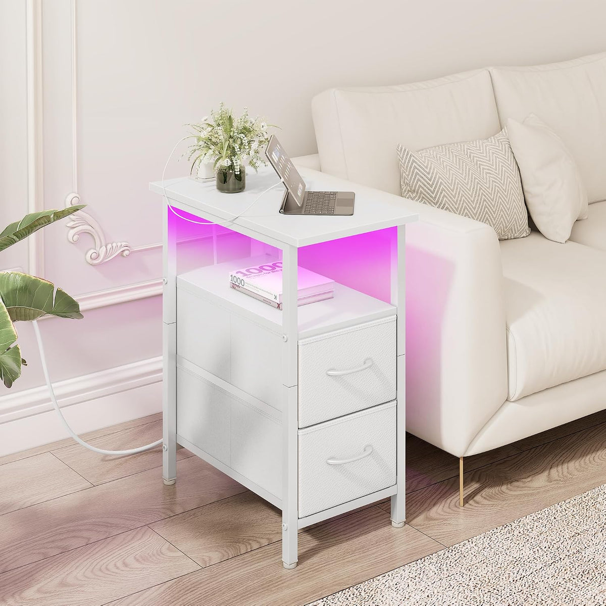 Vagusicc White Nightstand with Charging Station and LED Lights, Narrow Side Table, LED Night Stand with 2 Fabric Drawers, Bedside Table with USB Ports and Outlets, Tall Nightstand for Bedroom, White