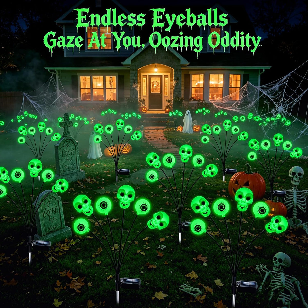 Halloween Decorations Outdoor, 4 Pack 24 LED Green Solar Scary Eyeball Lights, Waterproof Swaying Solar Firefly Light, Spooky Eyes Halloween Decor for Garden Yard Patio Lawn Pathway Party