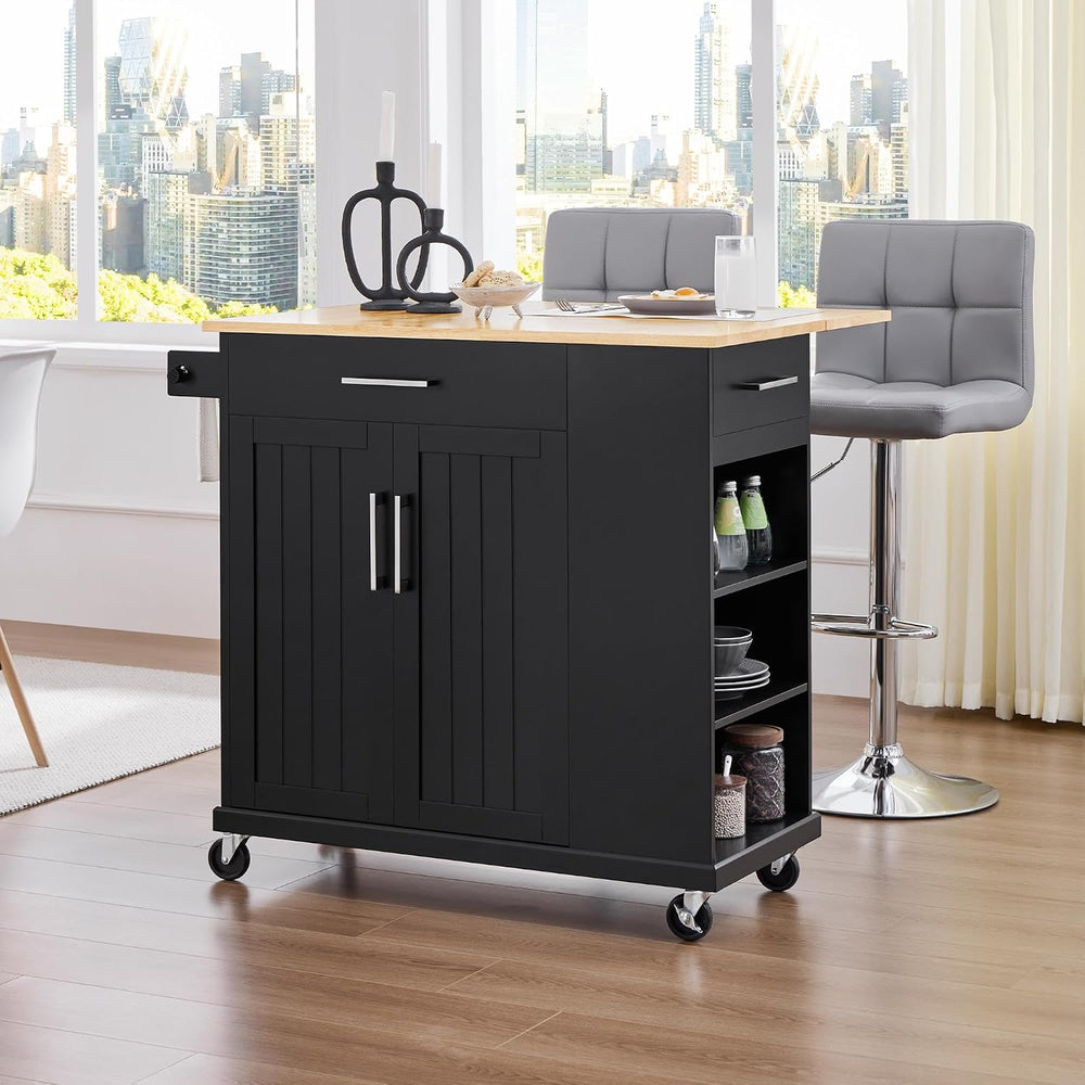 Yaheetech Kitchen Island Cart with Storage, Drop Leaf, Open Shelves, Black