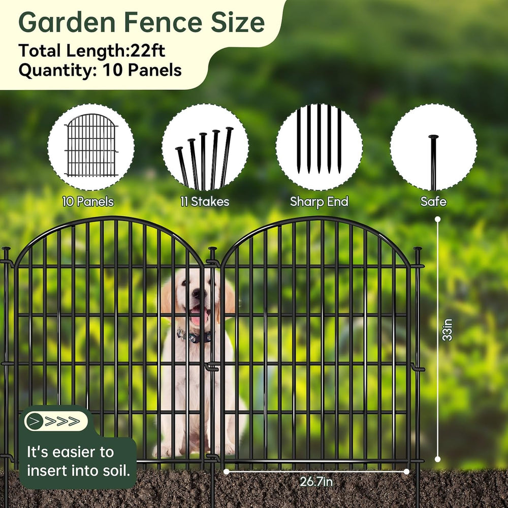 10 Panels No Dig Decorative Garden Fence, 33in(H) x 22ft(L) Animal Barrier, R...