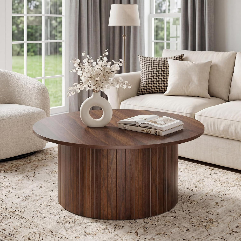Garvee 31.5" Round Coffee Table, Small Coffee Table with Fluted, Walnut