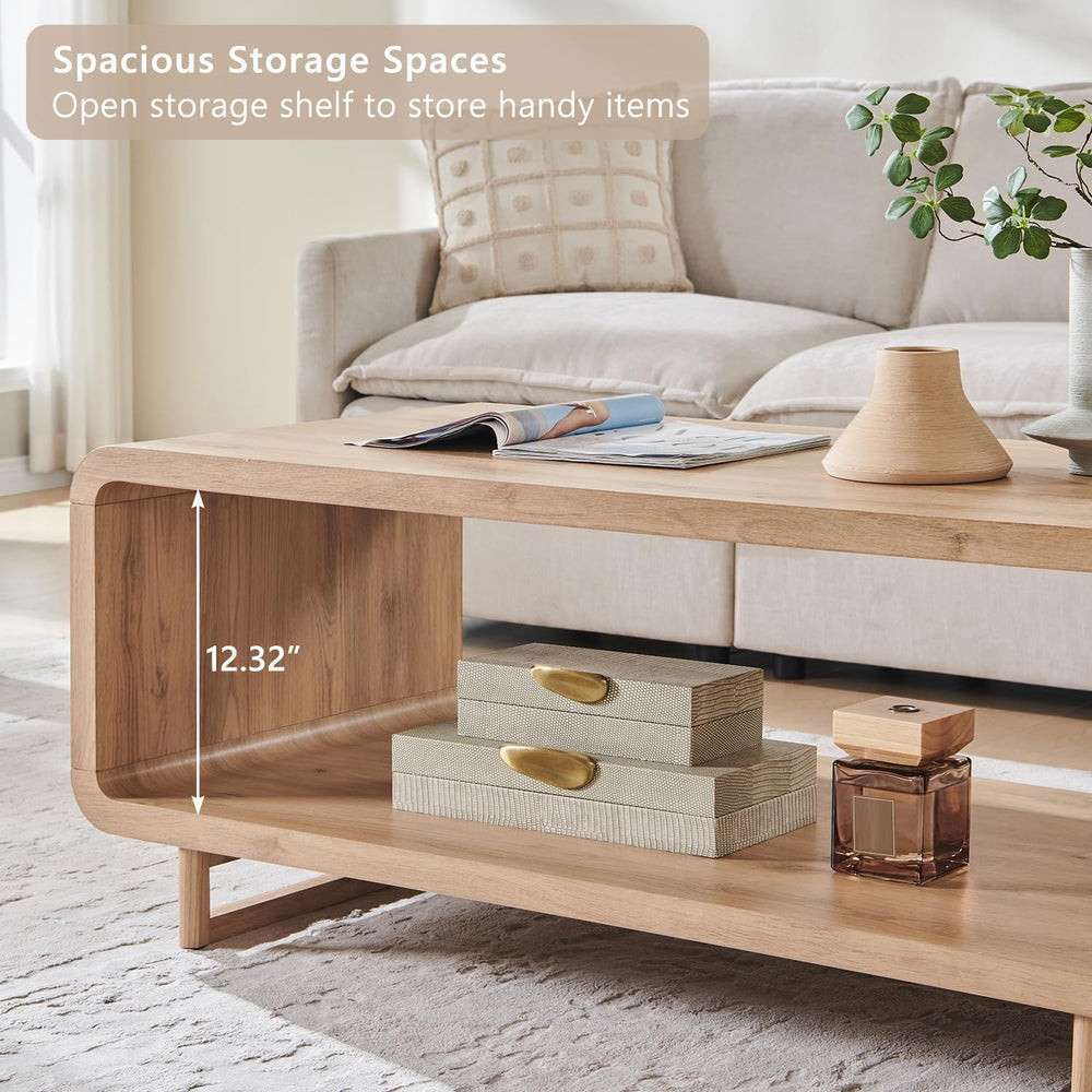 IFGET 48" Modern Coffee Table, 2-Tier Curved Center Table, Natural Oak