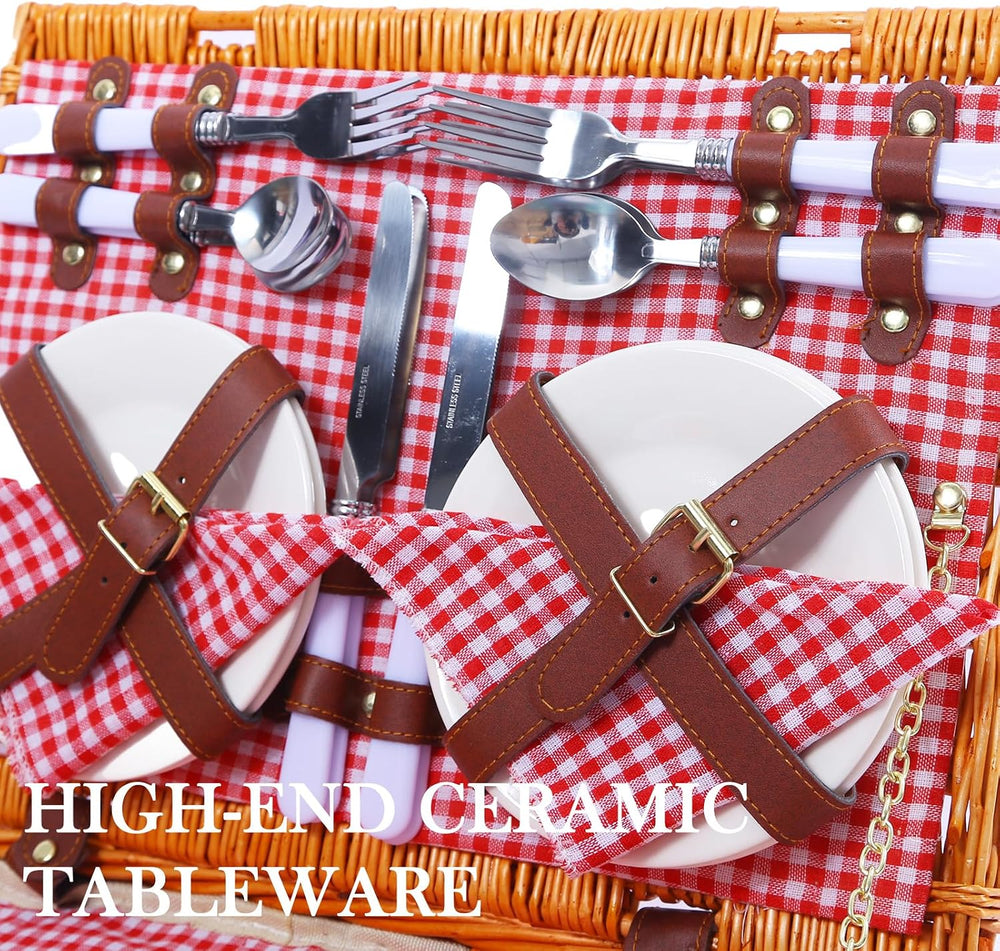 Neti Neti Wicker Picnic Basket for 4, Insulated Set with Blanket