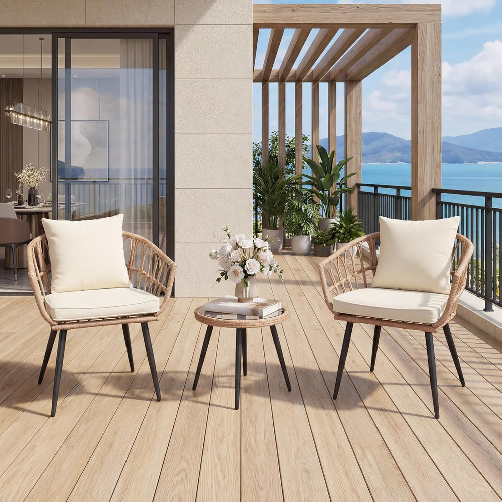 3 Piece Patio Bistro Set, All-Weather Outdoor Rattan Balcony Furniture Set wi...