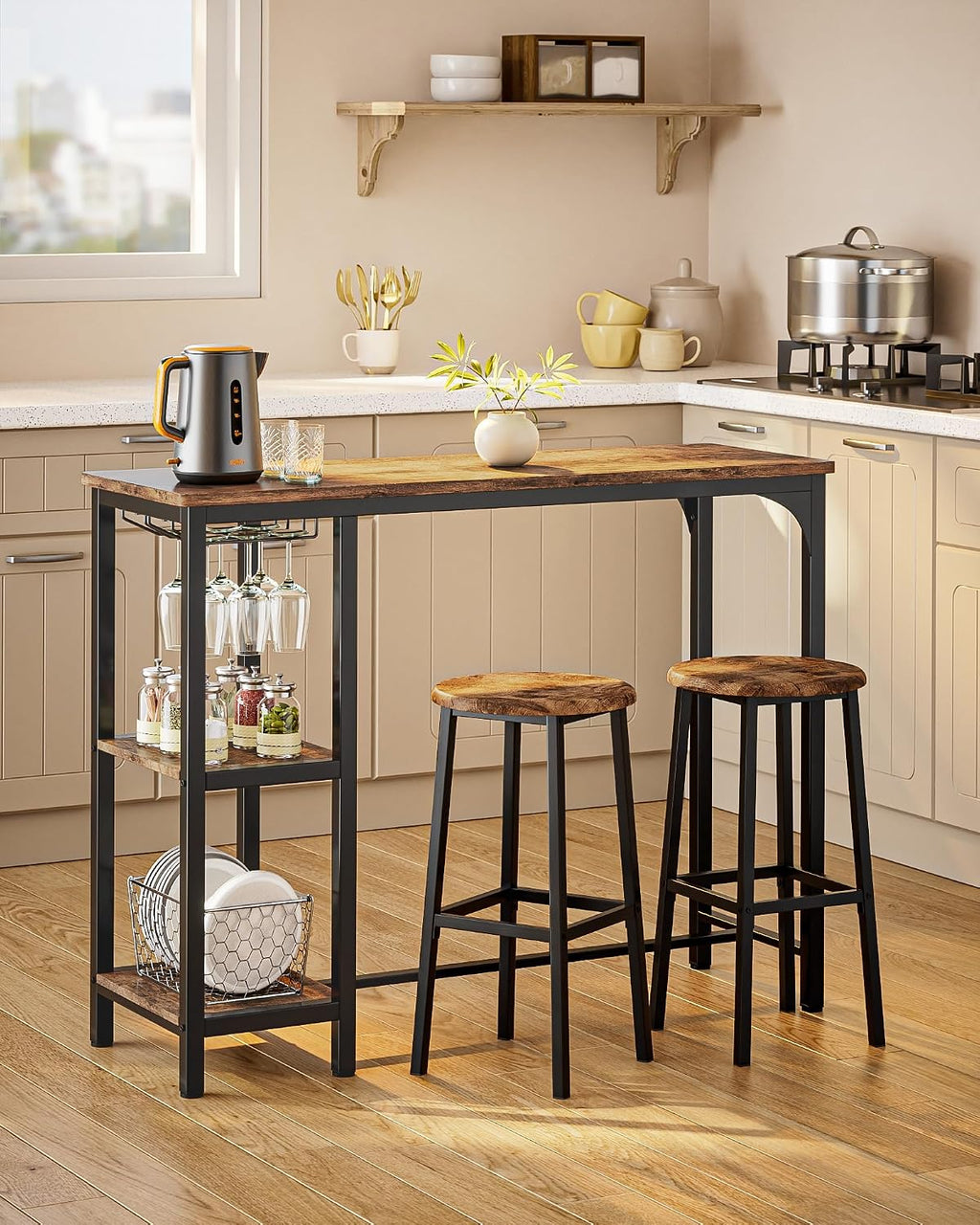 Qsun 3-Piece Bar Table Set for 2 | Bar Height Table with Stools & 2 Storage Shelves, Small Bar Table Set with Glass Rack, Small Kitchen Table for Dining Room
