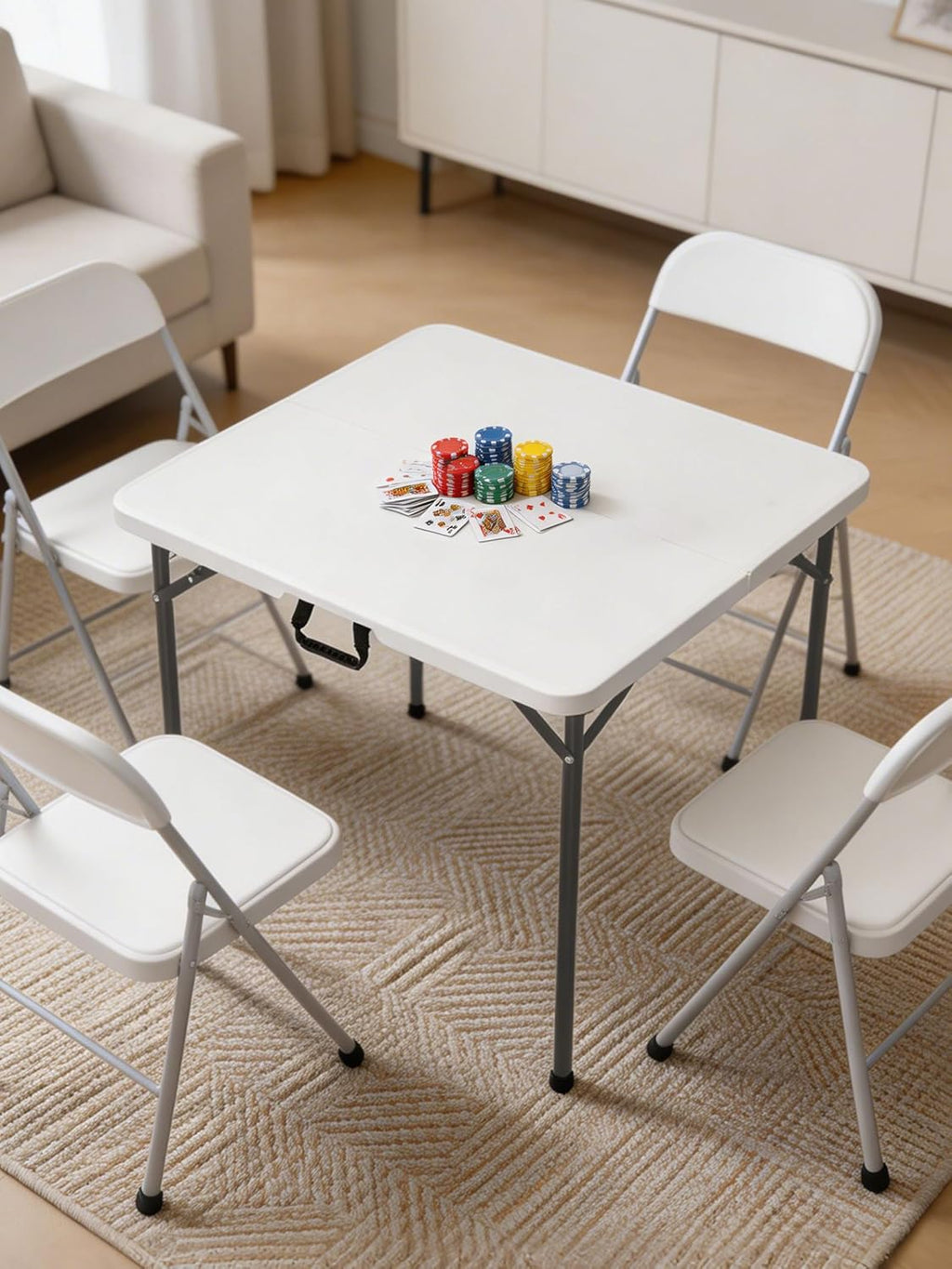 34" Square Folding Card Table, Fold-in-Half White Portable Table