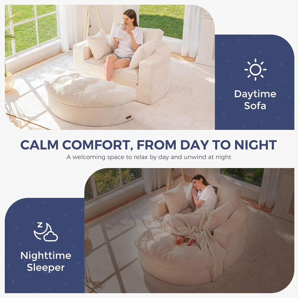 MAXYOYO Oversized Round Chaise Lounge Sofa, Boneless Chair with Ottoman