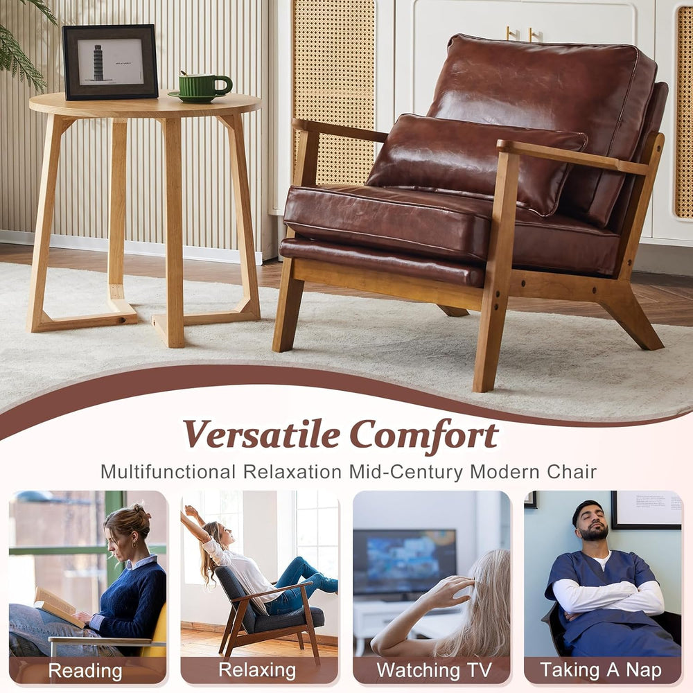 VINGLI Solid Wood Wide Armrests Accent Chair,Upholstered Mid Century Modern C...