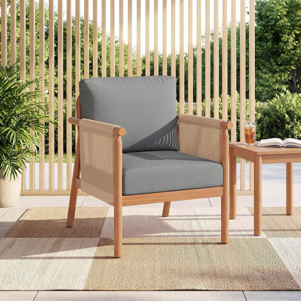 Tangkula Acacia Wood Patio Club Chair Set of 4, Boho Accent Chair with Woven ...